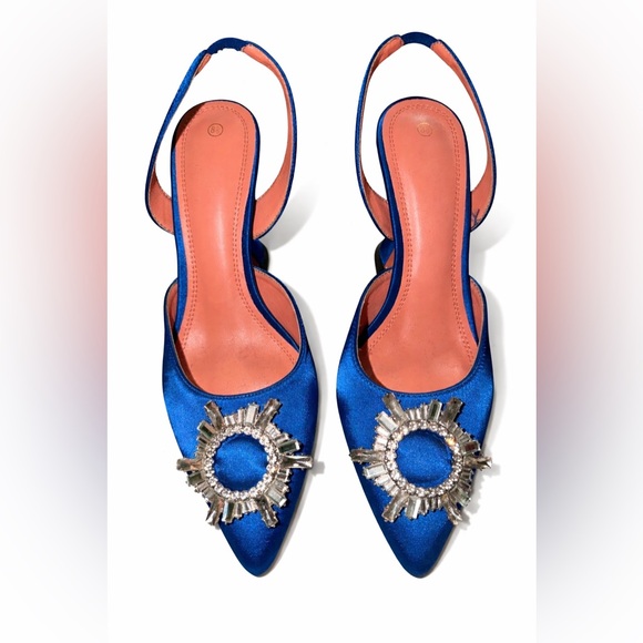 No brand Shoes - Sapphire Blue Satin Pointed Slingback Heels with Crystal Rosette